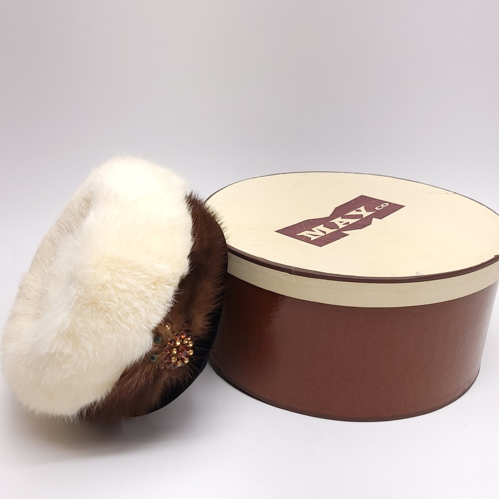Vintage Mlle Arlette New York Real Fur Pillbox Hat Two Tone Brown Cream with Box